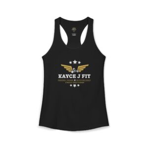 Kayce J Fit Racerback Tank — Logo Front, Motto Back