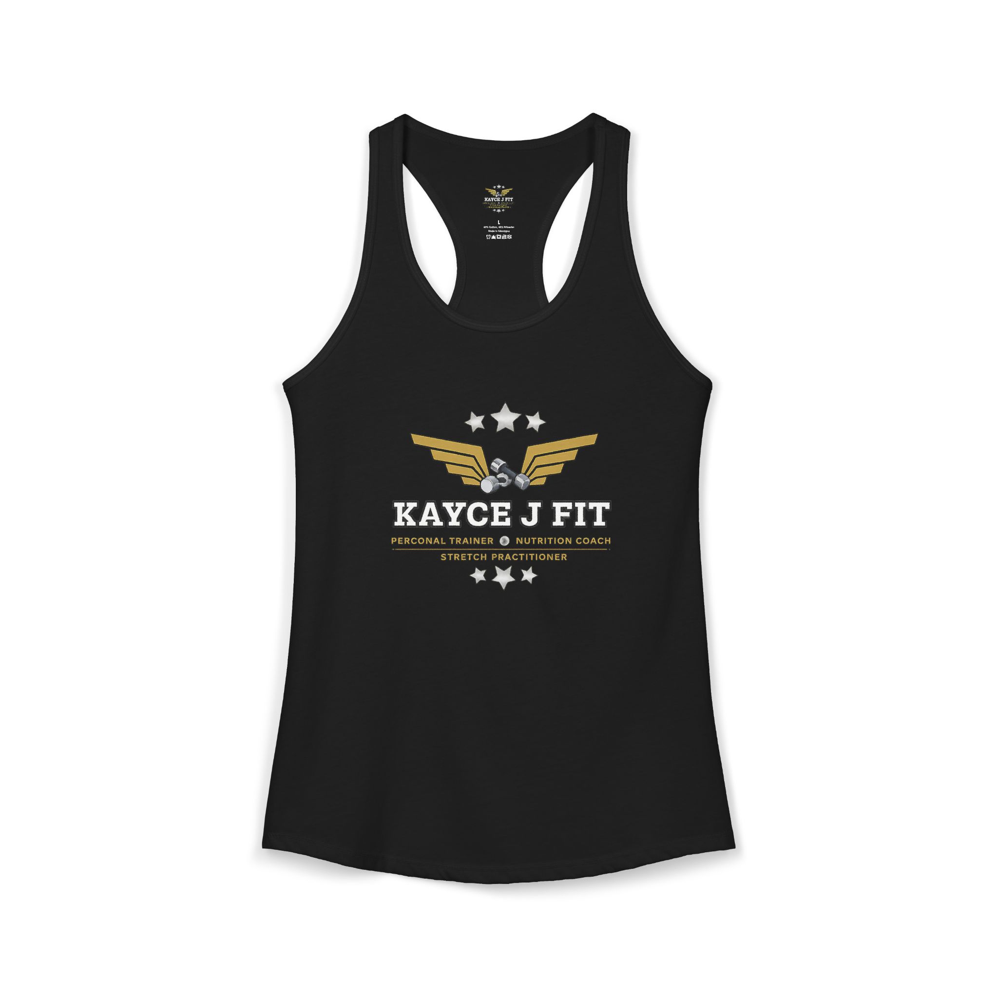 Kayce J Fit Racerback Tank — Logo Front, Motto Back